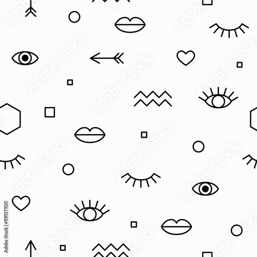 Seamless pattern with eyes and lips and geometric elements. The template for the cover fabric, books. Memphis style