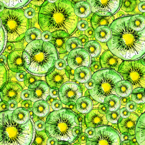 Watercolor  seamless  vintage pattern - from kiwi fruit. Picture made in a manual schedule  dominated the green  well polhodit background  packaging material and other design