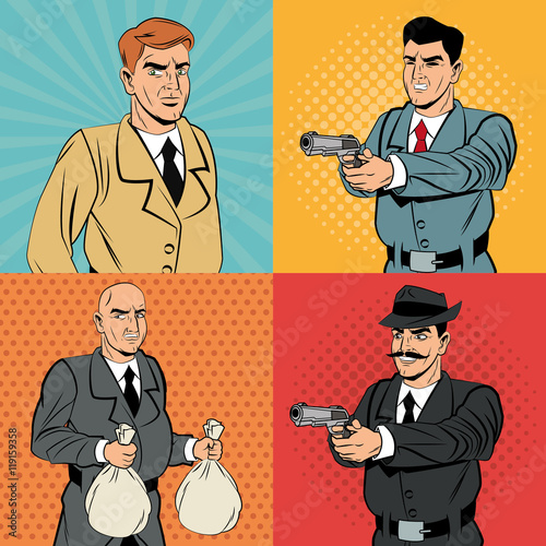 Detective police thief man money bag gun revolver pop art comic cartoon icon. Colorful design. Vector illustration