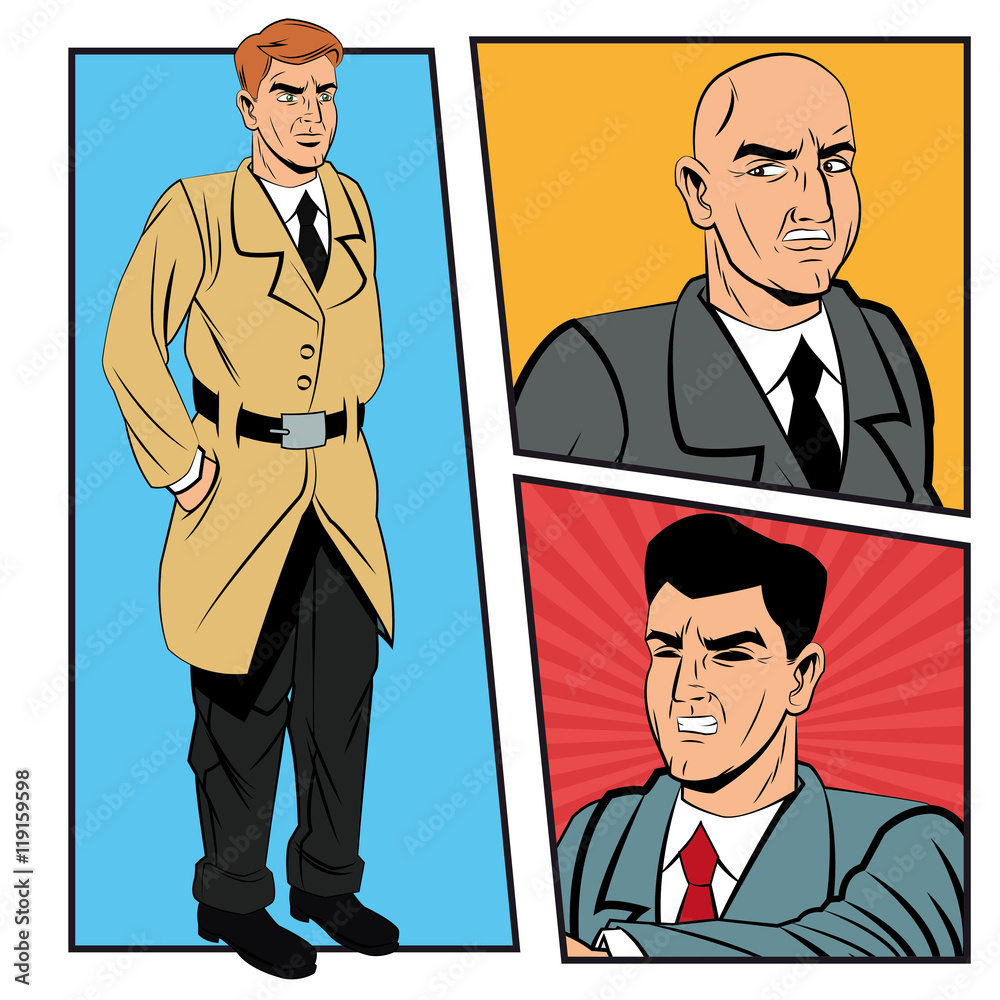 Detective police man pop art comic cartoon icon. Colorful design. Vector illustration Detective police man pop art comic cartoon icon. Colorful design. Vector illustration