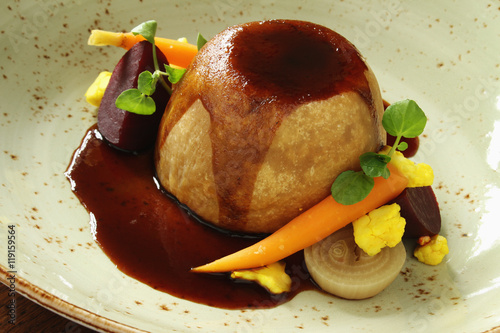 steak steamed pudding plated meal photo