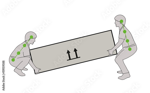 Correct posture to lift a heavy object safely. Health care vector illustration.