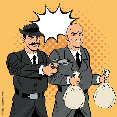 Detective police thief man bubble money bag gun revolver pop art comic cartoon icon. Colorful design. Vector illustration
