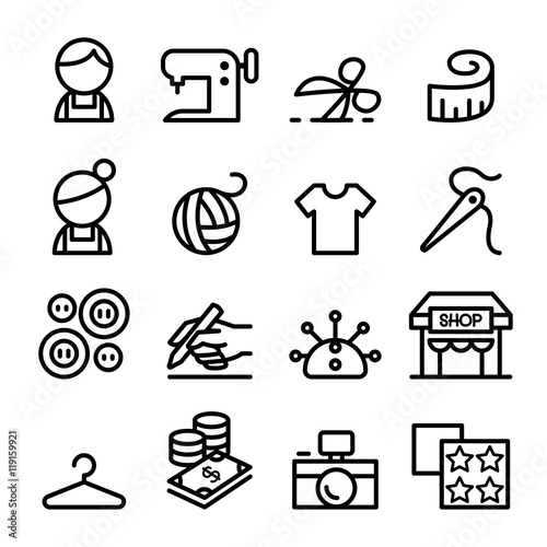 Fashion design , tailor , Dressmaker , sewing icons set in thin