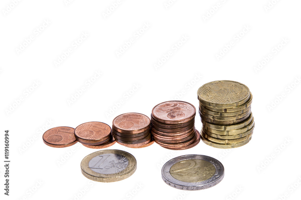 Münzen Euros freigestellt weiß freisteller mit copyspace Münzen Euros freigestellt weiß freisteller mit copyspace