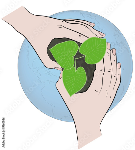 young plant cover their hands against the backdrop of the planet earth. vector illustration