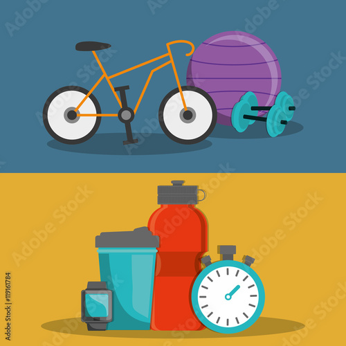 bike weight ball bottle chronometer watch healthy lifestyle fitness gym bodybuilding icon set. Colorful and flat design. Vector illustration