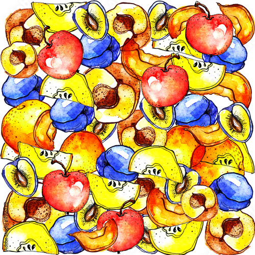 Watercolor, vintage seamless pattern with a pattern of different fruits. Apple, plum, slices, peaches. Background for various design photo