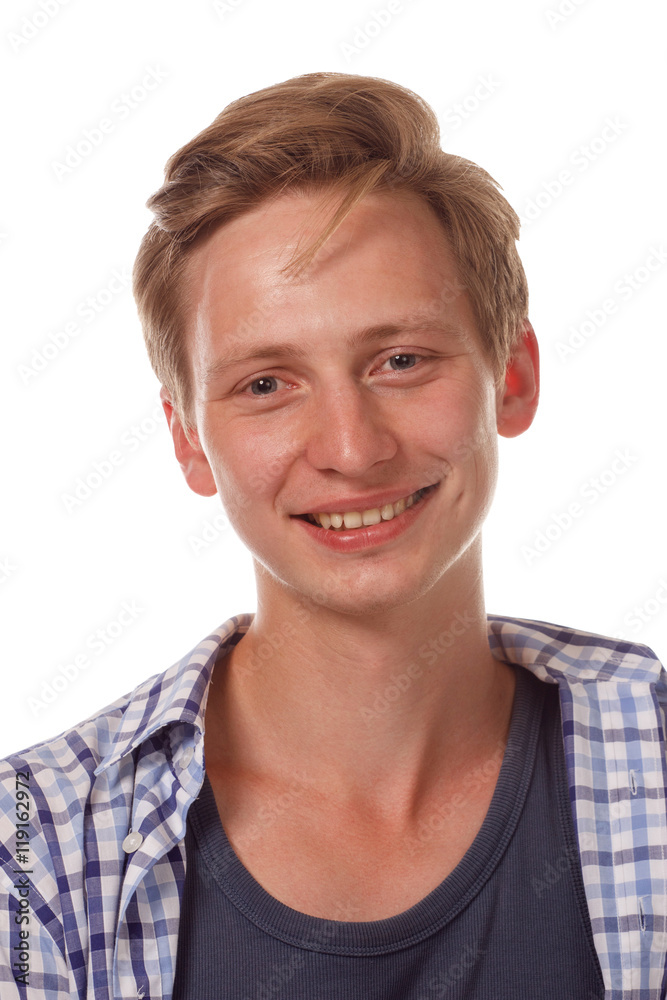 Young happy looking up man close up portrait. Young happy looking up man close up portrait.