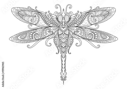 Doodles design of dragonfly for tattoo,design element, T-Shirt graphic and adult coloring book pages - Stock vector