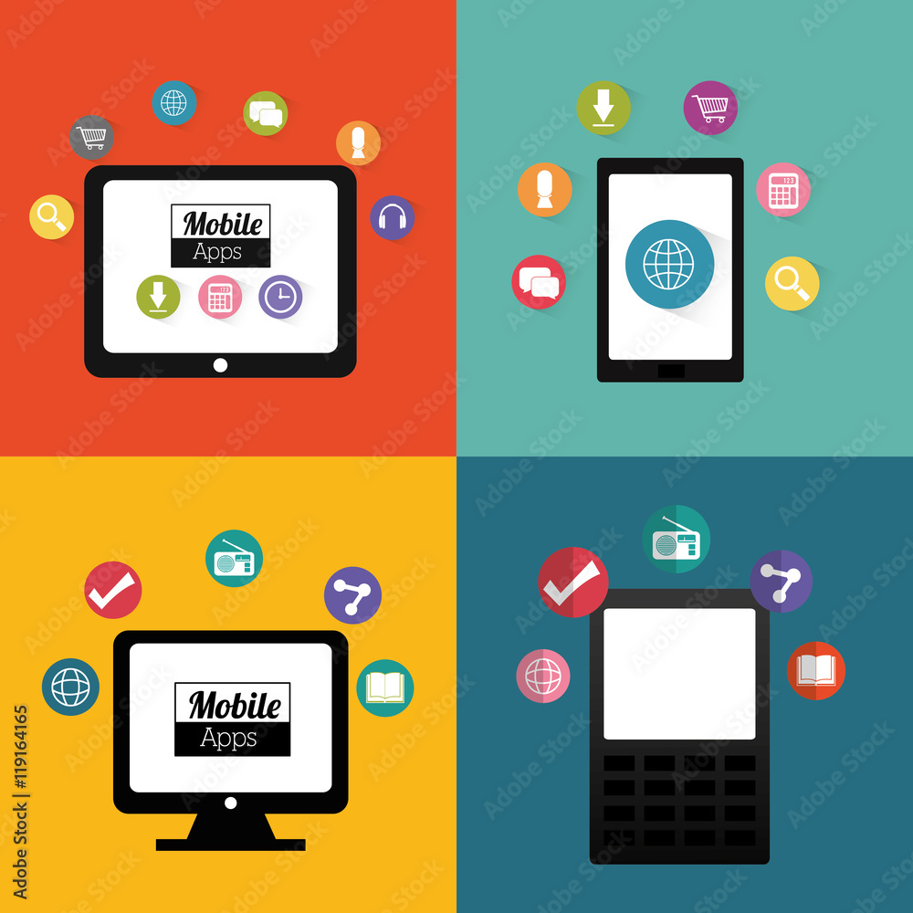 smartphone tablet computer mobile apps application online icon set. Colorful and flat design. Vector illustration