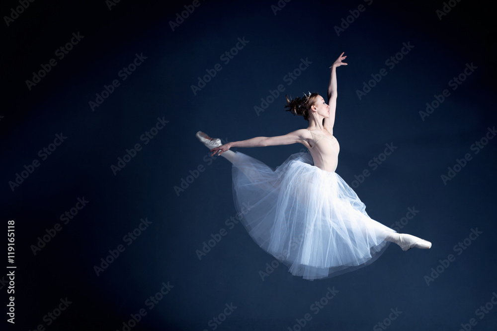 Young ballerina in a beautiful dress is dancing in a dark photostudio Young ballerina in a beautiful dress is dancing in a dark photostudio