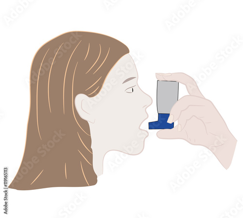 Young woman inhaling her asthma medication. vector illustration