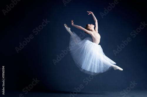 Obraz na plátne Young ballerina in a beautiful dress is dancing in a dark photostudio