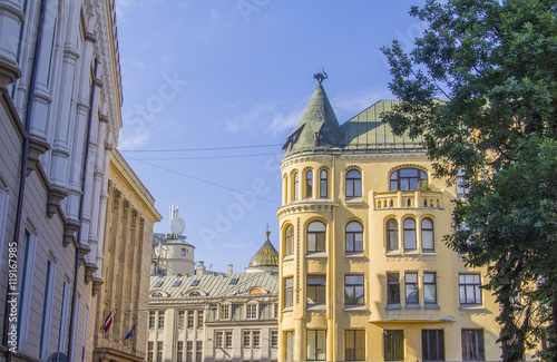 Photography background cityscape famous house with the cats in the old town of Riga, Latvia