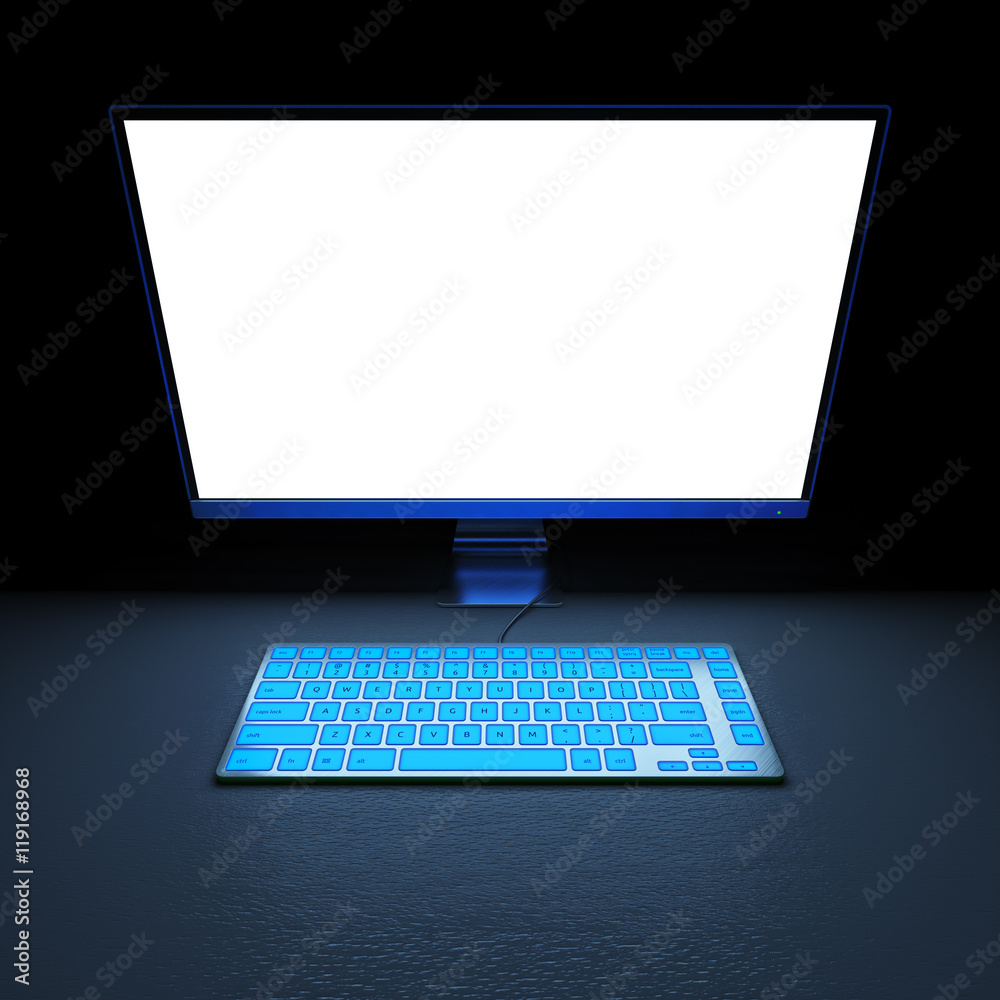 Fototapeta premium Bright empty computer display and keyboard at night 3d illustration