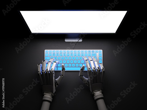 Robot typing on pc in darkness 3d illustration
