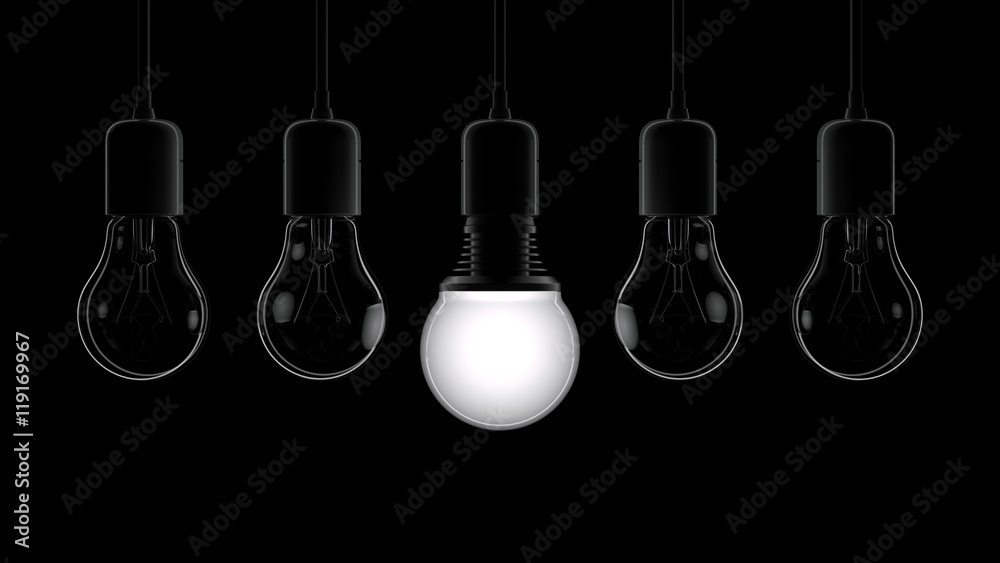 Glowing light bulb illuminating other ones Glowing light bulb illuminating other ones