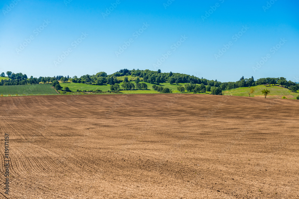 Plowed field with green hills, trees and blue sky in the background Plowed field with green hills, trees and blue sky in the background