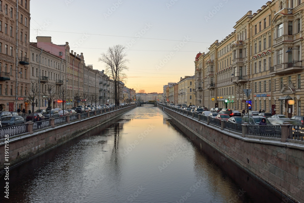 The canal at sunset on a winter evening