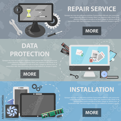 Vector flat horizontal banners of repair service, data protection and installation theme for website and apps. Business concept of fixing computers and electronics.