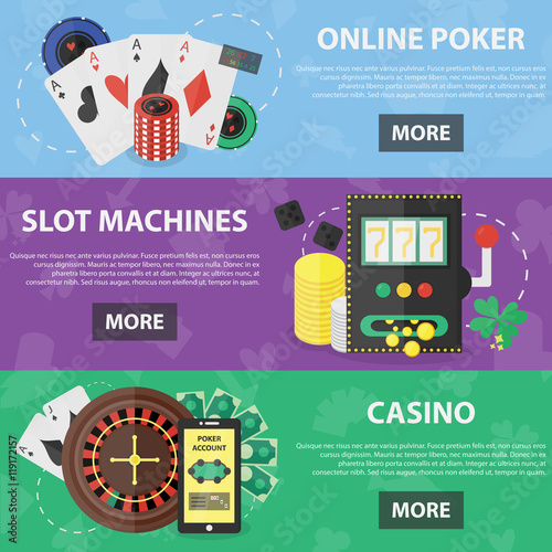 Vector flat horizontal banners of online poker, slot machines and casino theme for website and apps. Concept of games of chance. 