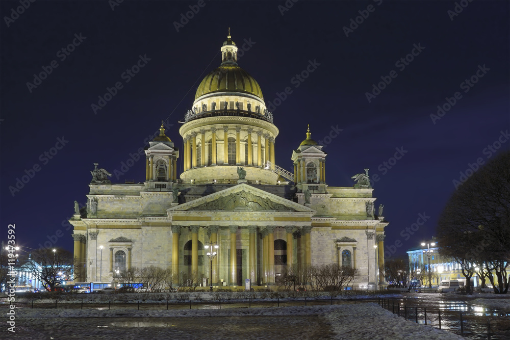 St. Isaac's Cathedral illuminated at night in the winter