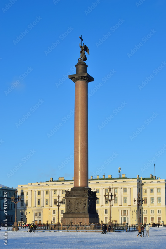 Rostral column on a snow-covered Palace square