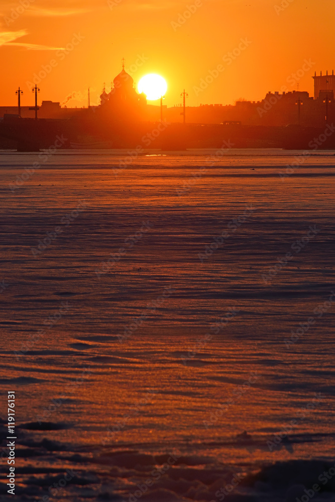 Sunset on the Neva river at the Admiralty embankment