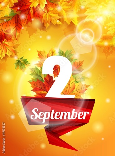 High quality template as of September 2, realistic autumn leaves, the first call. Red Ribbon on 2 September. Stock vector illustration