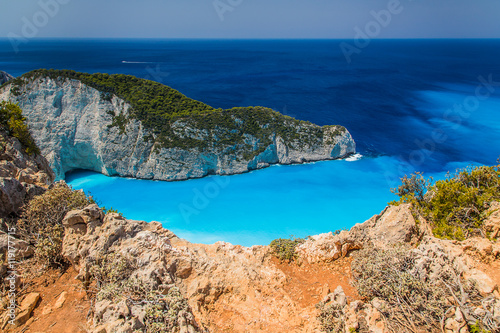 Fototapeta Naklejka Na Ścianę i Meble -  Amazing Navagio beach (shipwreck beach) on Zakynthos. Ionian island in Greece