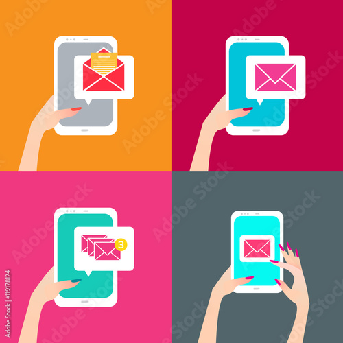 Women's Hand holding smart phone with email symbol on the screen. Message send on mobile phone. Email marketing. Finger touch screen for banner, web site. Flat style vector illustration