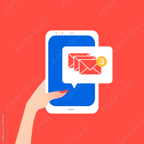 Free Download Women's Hand holding smart phone with email symbol on the screen. Message send on mobile phone. Email marketing. Finger touch screen for banner, web site. Flat style vector illustration - GFXLoad