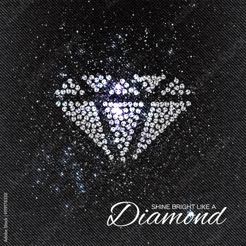 Brilliant stones diamond pattern on black Denim Texture. Beautiful jewelry brooch. Ornament crystal precious, silver applique rhinestones, beadwork, embroidery. Fashion decor print.