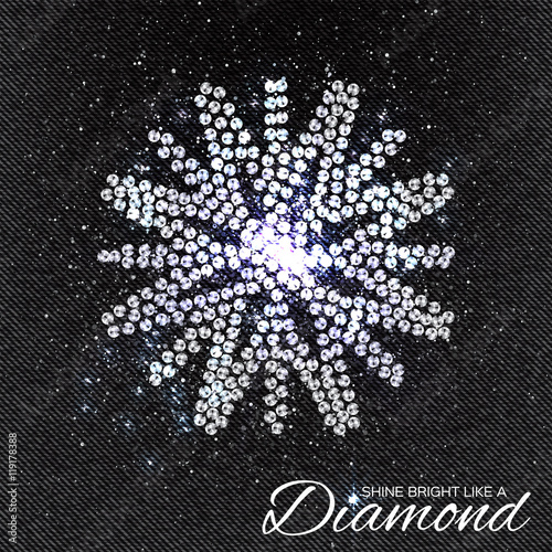 Brilliant stones Snowflakes pattern on black Denim Texture. Beautiful jewelry brooch. Ornament crystal precious, silver applique rhinestones, beadwork, embroidery. Fashion decor print.