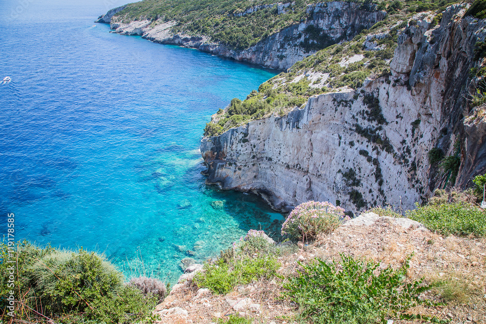 View on Xigia Beach on Zakynthos. Sulphur and collagen springs, Ionian Island, Greece