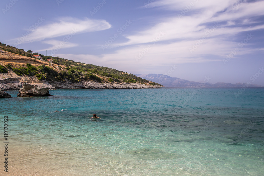View on Xigia Beach on Zakynthos. Sulphur and collagen springs, Ionian Island, Greece