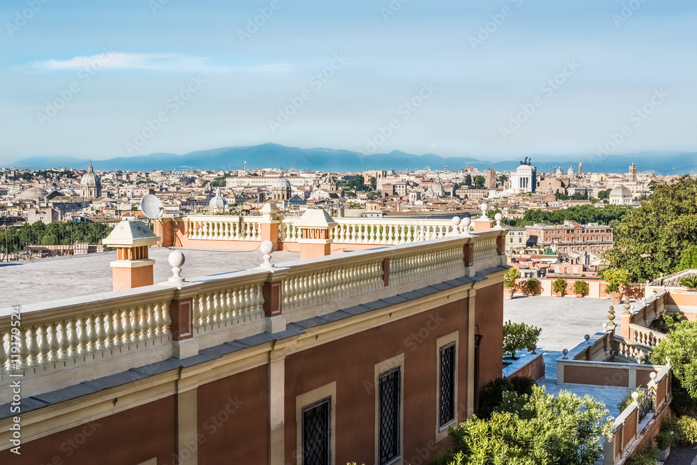 Beautiful panoramic view from the top of the Capital City, churches, houses, architecture from Gianicolo.