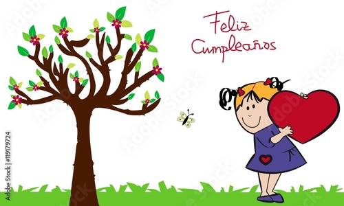 Niña y corazón, feliz cumpleaños.