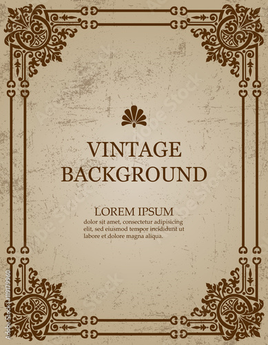 Vector vintage old paper background with royal pattern frame as a template to create book covers, greeting cards, invitations, backdrops, posters.