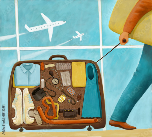 The illustration of a medicine doctor in the airport going on vacation with a suitcase filled with professional stuff.