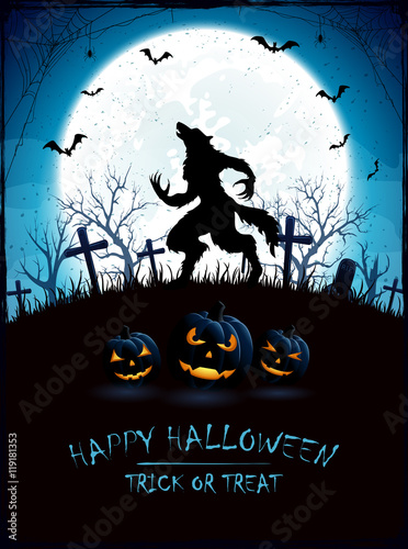 Blue Halloween background with Moon and werewolf