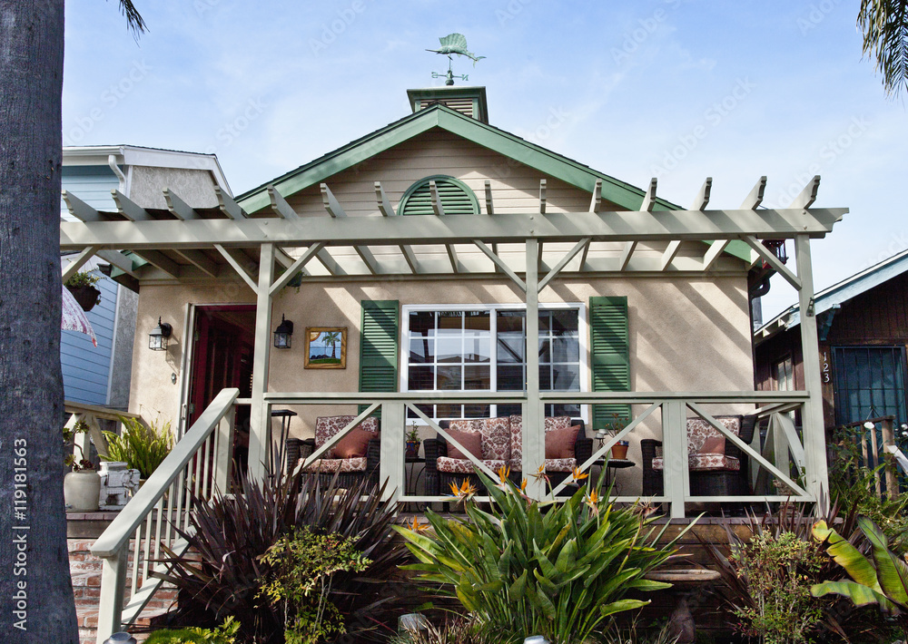 Front exterior of middle class beach house, Laguna Beach, California