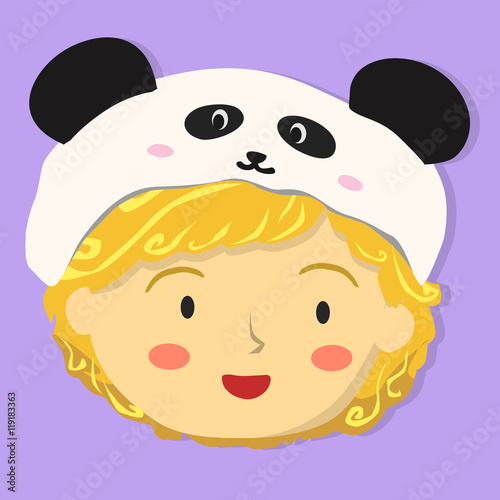 Fototapeta Naklejka Na Ścianę i Meble -  Face of a curly girl with panda hat in purple background vector illustration.