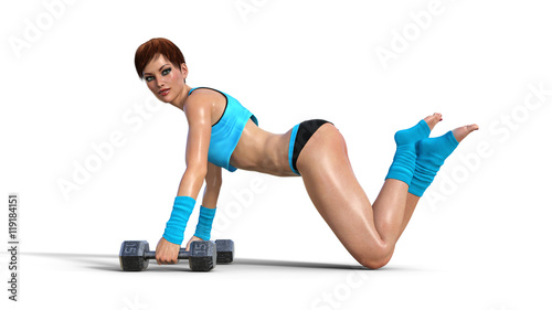 Fitness girl exercising with dumbbells, short haired athletic woman posing on white background
