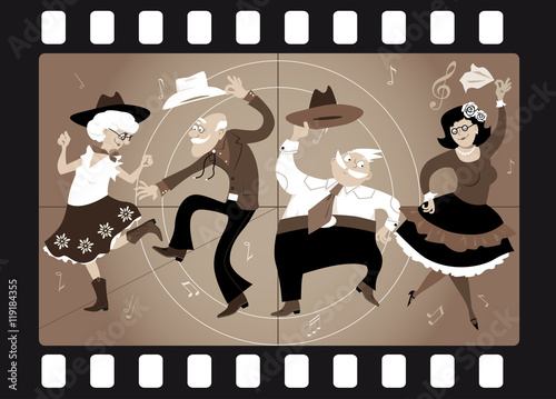 Senior people dressed in traditional western costumes dancing square dance or contradance in an old movie frame, EPS 8 vector illustration, no transparencies