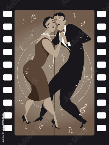 Funny cartoon couple dancing tango in an old movie frame, EPS 8 vector illustration, no transparencies
