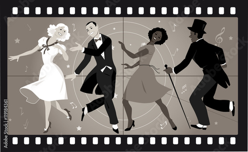People in retro stile costumes dancing in an old movie frame, EPS 8 vector illustration, no transparencies