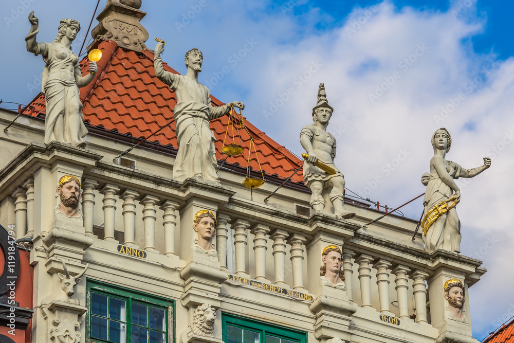 Statue of justice with scales and a sword in the historic center