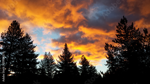 Fire in the Clouds Two Sunset over the trees in Lake Tahoe with orange fire colored clouds